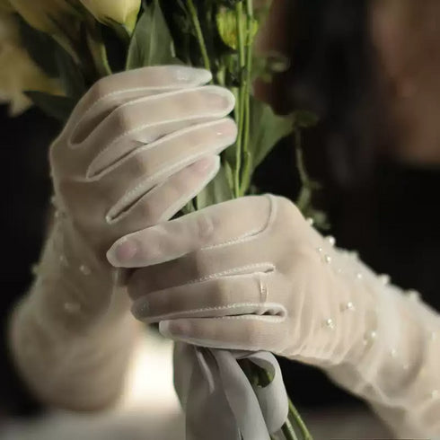 Bridal White Lace Gloves – Long Wedding Gloves with Pearl Accents – White Lace Gloves